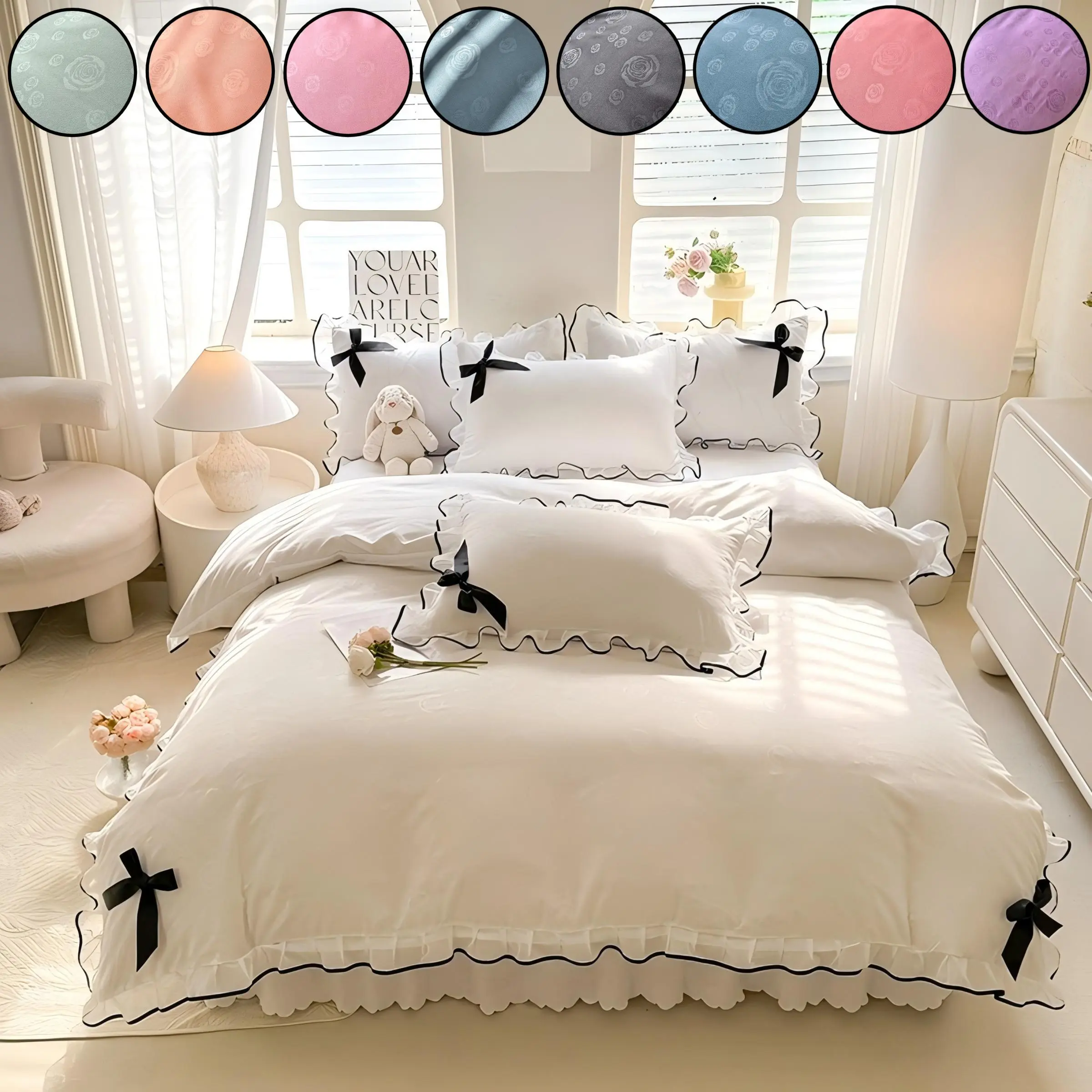 Bowknot Lace Ruffle Decorative Bedding Set, 4 Counts/set Including 1 Count Bed Skirt & 1 Count Quilt Cover & 2 Counts Pillowcase, Bedding Supplies for Home Bedroom, Ruffled Bedding Set, Comfy Bedding Sets, Duvet Cover Sets