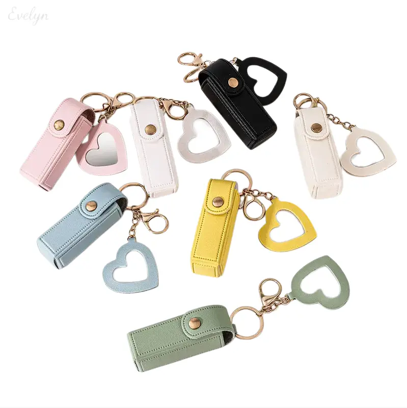 PU Leather Lipstick Protective Case - Cute Makeup Accessory with Heart Charm, Clip, Keychain, Portable Lip Balm Holder for Most Standard Lipsticks, Everyday Use for Makeup Lovers
