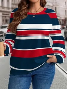Women's Striped Print Long Sleeve Round Neck Casual Plus Size Fitted Pullover Top, Comfortable and Stylish, Perfect for Everyday Wear Womenswear