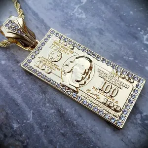 Men's Large Hundred Dollar $100 Bill Benjamin Money Pendant & 4mm 18" 20" 24" Rope Chain Hip Hop Style Necklace