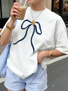 Minimalist Bow Print Oversized T Shirt Women, Casual Short Sleeve Crew Neck Top, French Style Sweet Girl Summer Outfit for Daily Wear, Commute #springsaledeals2026 #summeroutfits #fyp #casualfashion