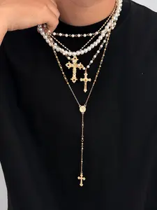 4-Piece Vintage Metal Cross Y-Shaped Long Set, Bohemian Style Colorful Crystal Pendants, Perfect for Women Daily Wear & Vacations, Holiday Gift Idea for Friends, Glitter Cross Pendant