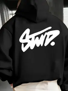 Men's Fall Winter Trendy Hoodie, Geometric Stwd Letter Print Front Back, Casual Fitted Hooded Sweatshirt, Street Style Men's Clothing