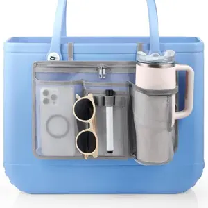 Organizer Holder for Bogg Simple Modern Bag Accessories, Cup Phone Holder compatible with Stanley, Storage Mesh Divider Organizing Insert Pouch for XL Bog Beach Rubber Tote Bag, Gray