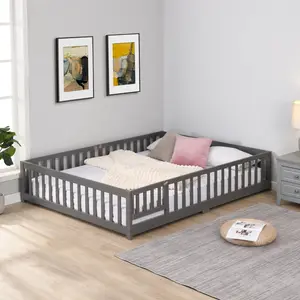 Twin Size Floor Bed for Kids, Solid Pine Wood Platform Bed Frame with Safety Guardrails & Door, Low-Profile Toddler Bed for Independent Sleep/Play, Gray