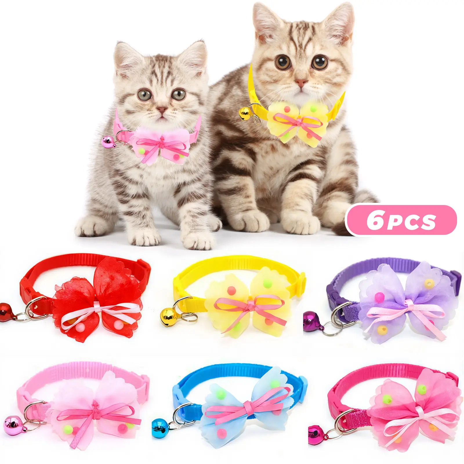 6PCS Cat Collar Puppy Collar with Flower Adjustable Length Pet Collar for Girl Boy Dogs Cats with Bell Christmas Gift