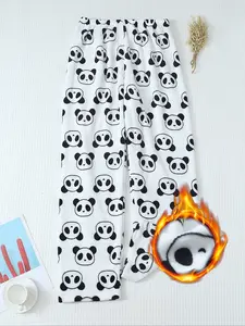 Women's Winter Cute Panda Print Soft Comfortable Flannel Pajamas, Fitted Casual Sleepwear, Cozy Animal Pattern Loungewear Pants