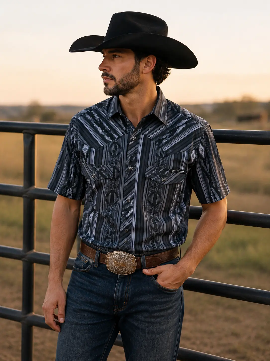 Men’S Black and Gray Aztec Print Breathable Collar Shirt
