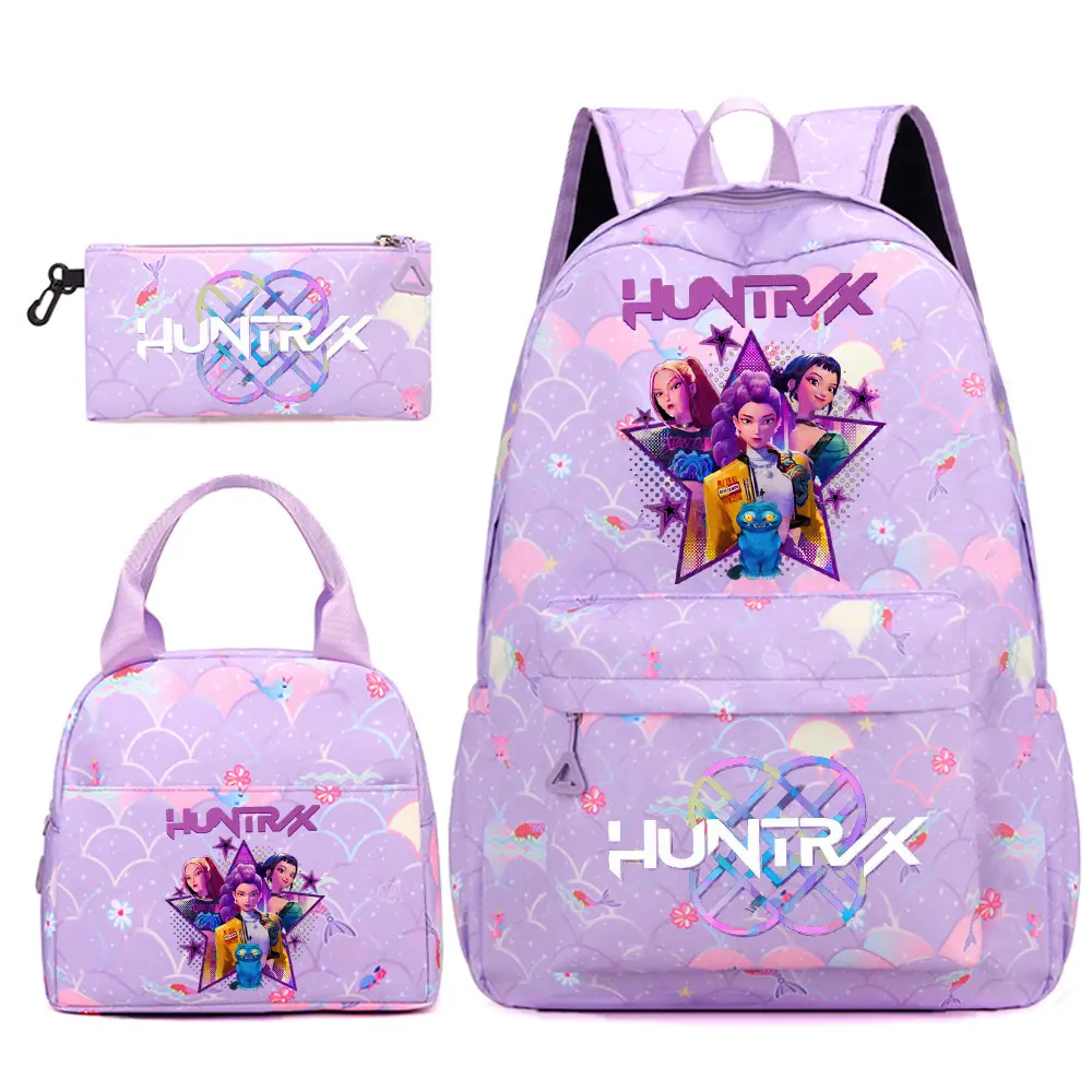 3PCS KPop Demon Hunters HUNTR/X Backpack Set for Girls and Teens, Purple Back to School Bookbag, Anime KPop Gift for Students