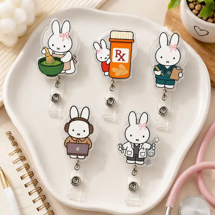 Pharmacist Lab Tech Nurse Badge Reel, Pharmacy Rx Bunny Retractable ID Holder, Scientist Medical Badge Clip, Healthcare Worker Hospital Staff Gift