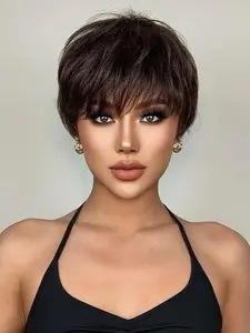 1 Piece Short Elf Cut Real Hair Wigs, Human Wigs, 150% Density Natural, 6 Inches Full Mechanism Wig for Women, Daily or Holiday Use