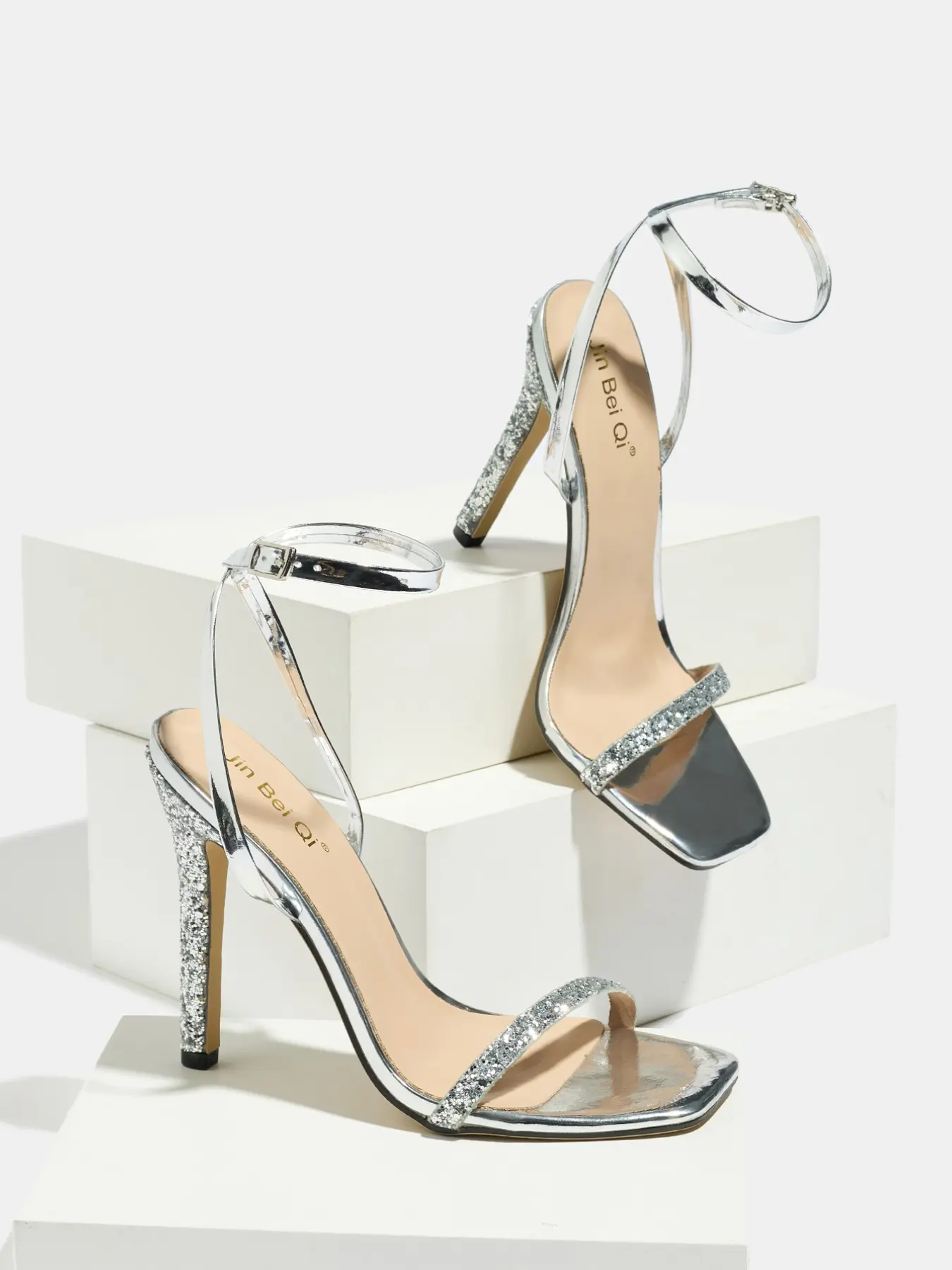 Summer Silver Color Sequin Embellished Heels High Heel Sandals, Square Toe Thin Strap Fashion Daily Sandals, Stylish Comfortable Footwear for Women, Classy Sandal, Elegant Sandals, Dressy Sandals