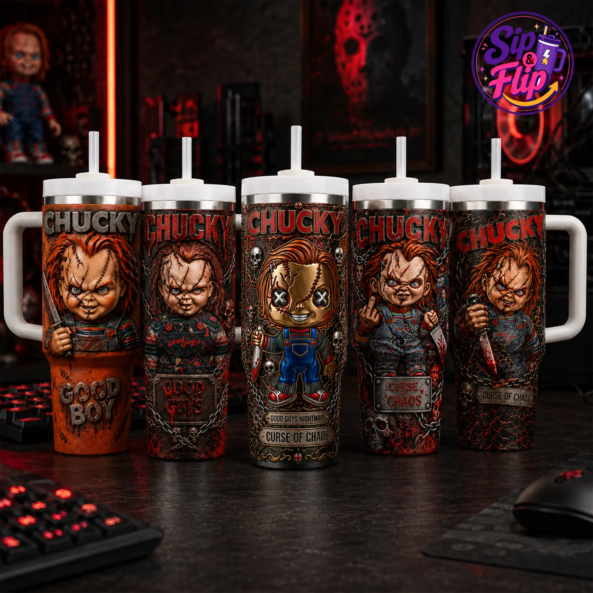 [Chucky Halloween Collection] Chucky 40oz Stainless Steel Tumblers with Handle and Straw, Child’s Play Good Guys Killer Doll Horror Insulated Travel Cups, Spooky Bloody Slasher Drinkware, Trick or Treat Gifts for Horror Movie Fans