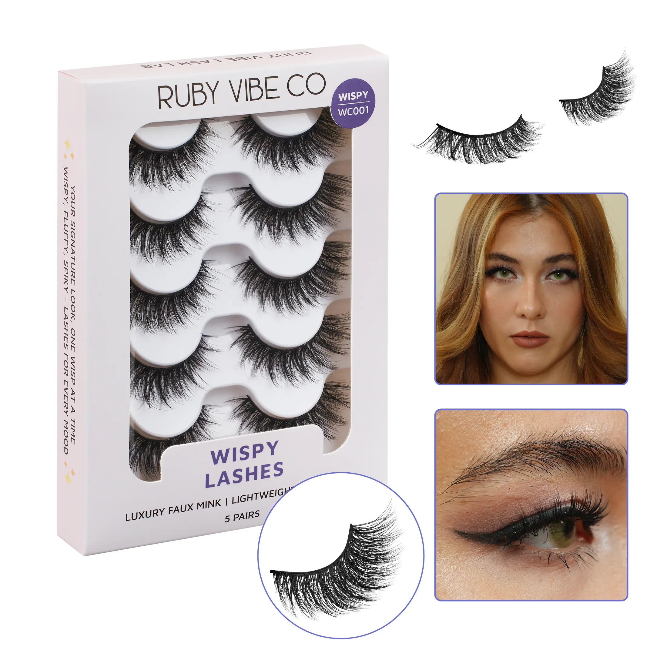 [RUBY VIBE CO] Chic Wisps WC001 Faux Mink Wispy Lashes Ultra Lightweight Soft Flexible Band Effortless Application 5 Pairs Full Length
