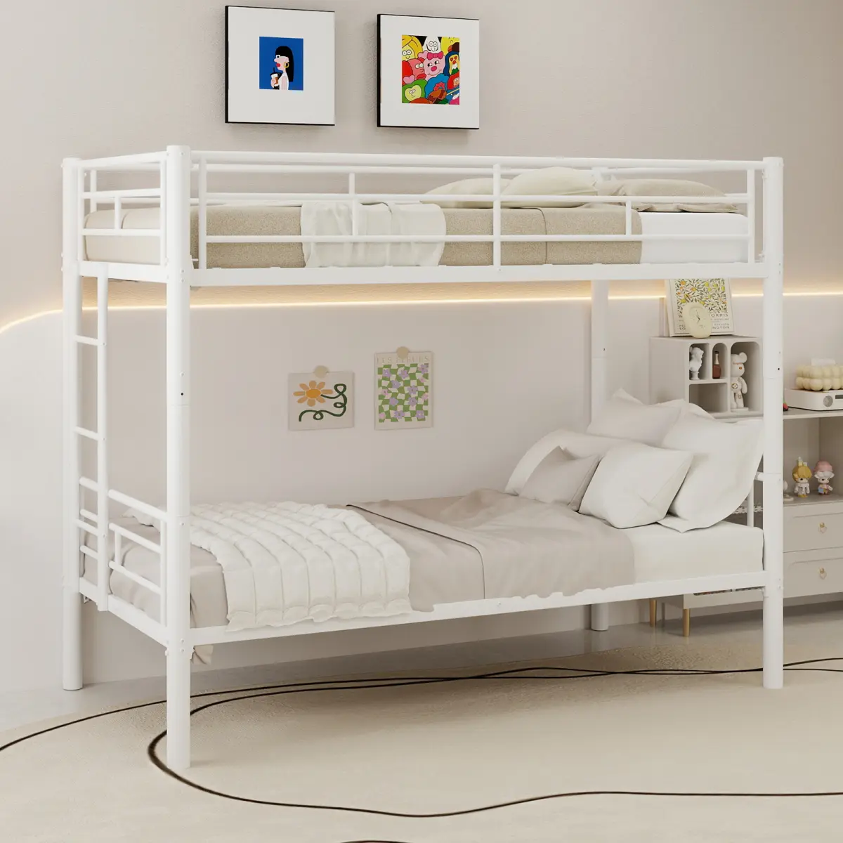 Twin Over Twin Metal Bunk Bed with Ladders Guardrail Convertible 2 Beds No Spring Box Required Durable Safe Construction Rust Resistant Steel Powder Coated Finish