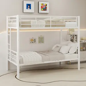 Twin Over Twin Metal Bunk Bed with Ladders Guardrail Convertible 2 Beds No Spring Box Required Durable Safe Construction Rust Resistant Steel Powder Coated Finish