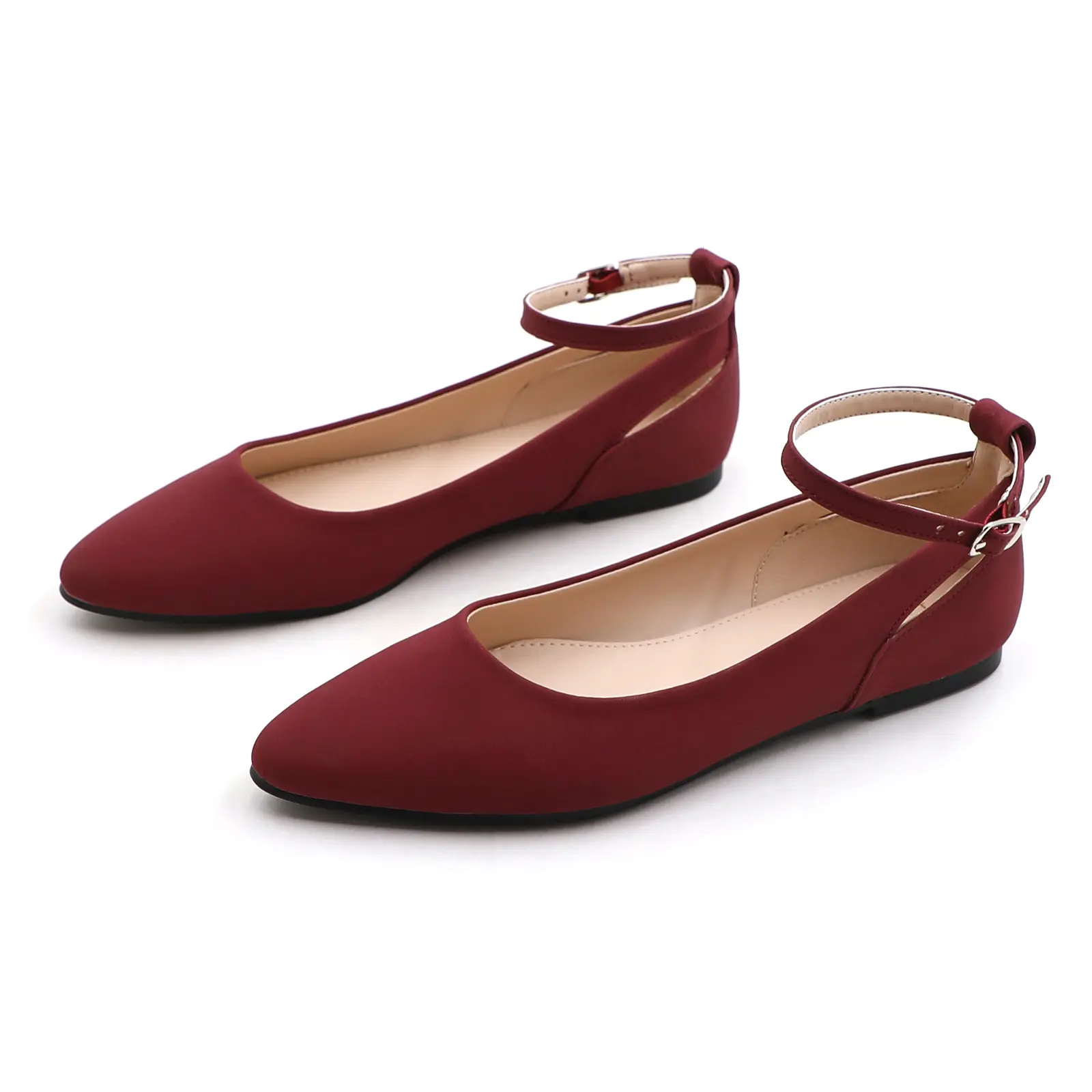 Women's Pointed Toe Shoe, Elegant Polyurethane Ballet Flats with an Ankle Strap Buckle - Cushioned Low Wedge for Work, Footwear, Platform
