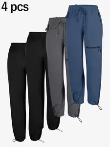 4 Pack Women's Woven Utility Style Fitness Pants, Multi-Pocket Running Outdoor Sports Trousers for Comfort and Performance, Sports Bottoms, Breathable Sporty Bottoms