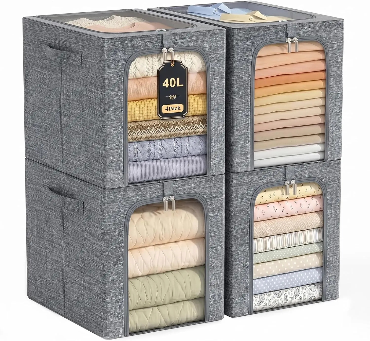 GoMaihe Clothes Storage Bins with Metal Frame, Collapisble Storage Bins, Laundry Basket, Stackable Closet Organizer with Lid & Clear Window, Space-Saving Storage for Sweaters, Kids’ Clothes, Dorms & Closets