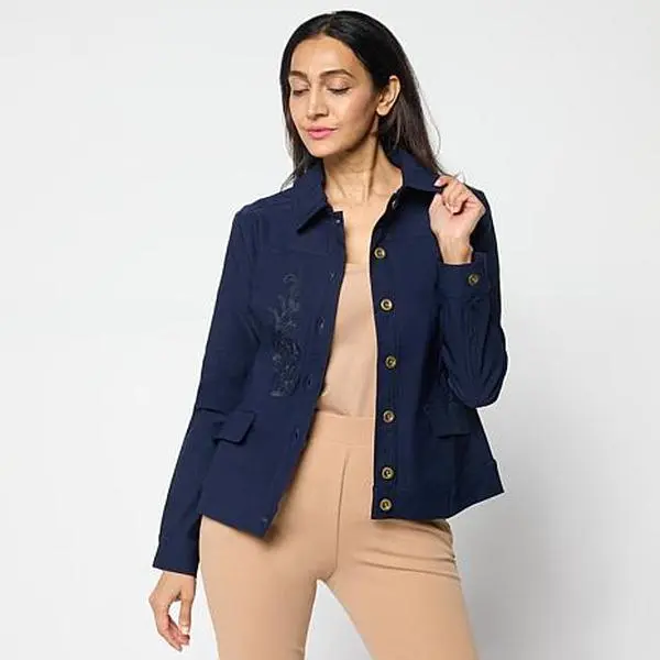 Nina Leonard Embroidered Button-Front Collared Jacket