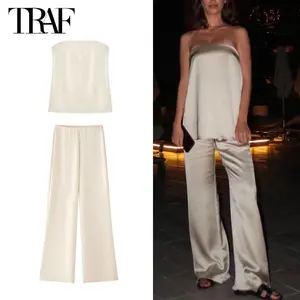 TRAF 2025 Women's Pants Sets Summer Satin High Waist Pants for Women Holiday Casual Pants Woman Straight Leg Trousers Woman