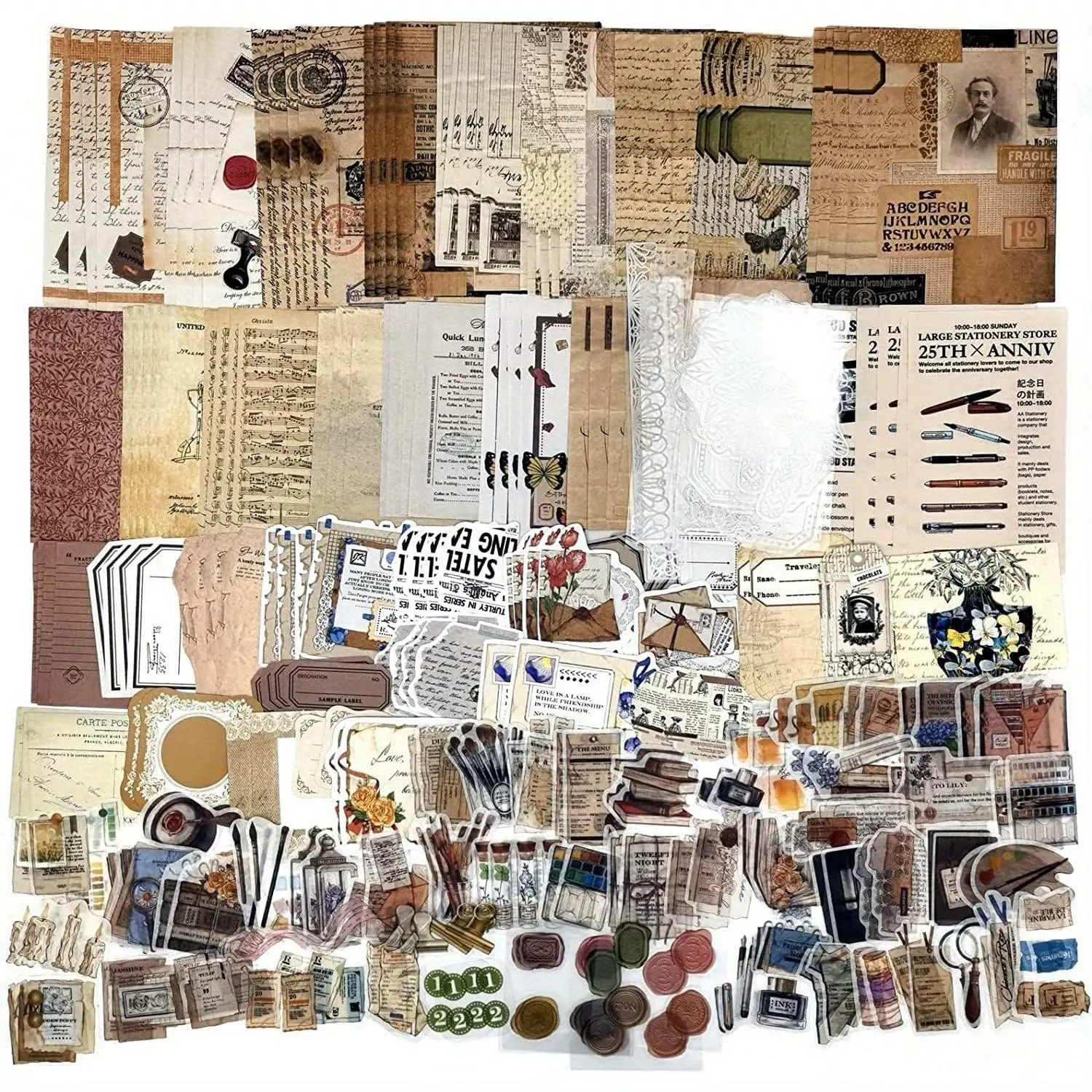Vintage Scrapbook Sticker Set, 260pcs/set Retro Scrapbooking Accessories, Decorative Paper for Journaling and Crafting