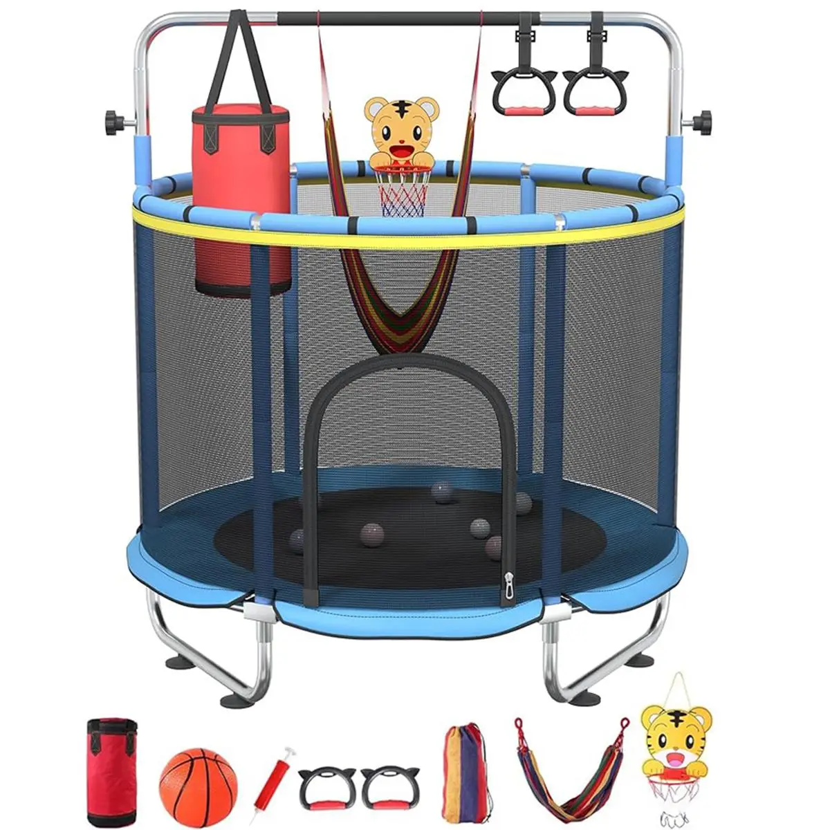 60" Indoor/Outdoor Toddler Trampoline with Adjustable Bar, 500lbs Capacity, Unisex 1-8 Ages Kids Fitness Equipment, Sports & Outdoor Gift