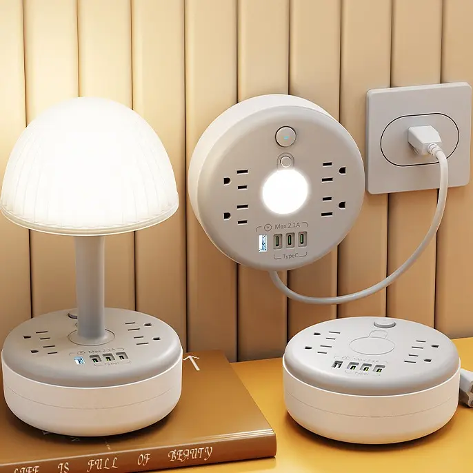 8-in-1 Night light multifunctional power strip combines sockets, surge protectors, and power switches into one, with 4 power outlets, 1 USB ports, and 3 Type-C charging ports. It has a beautiful appearance and is suitable for use in both homes and offices