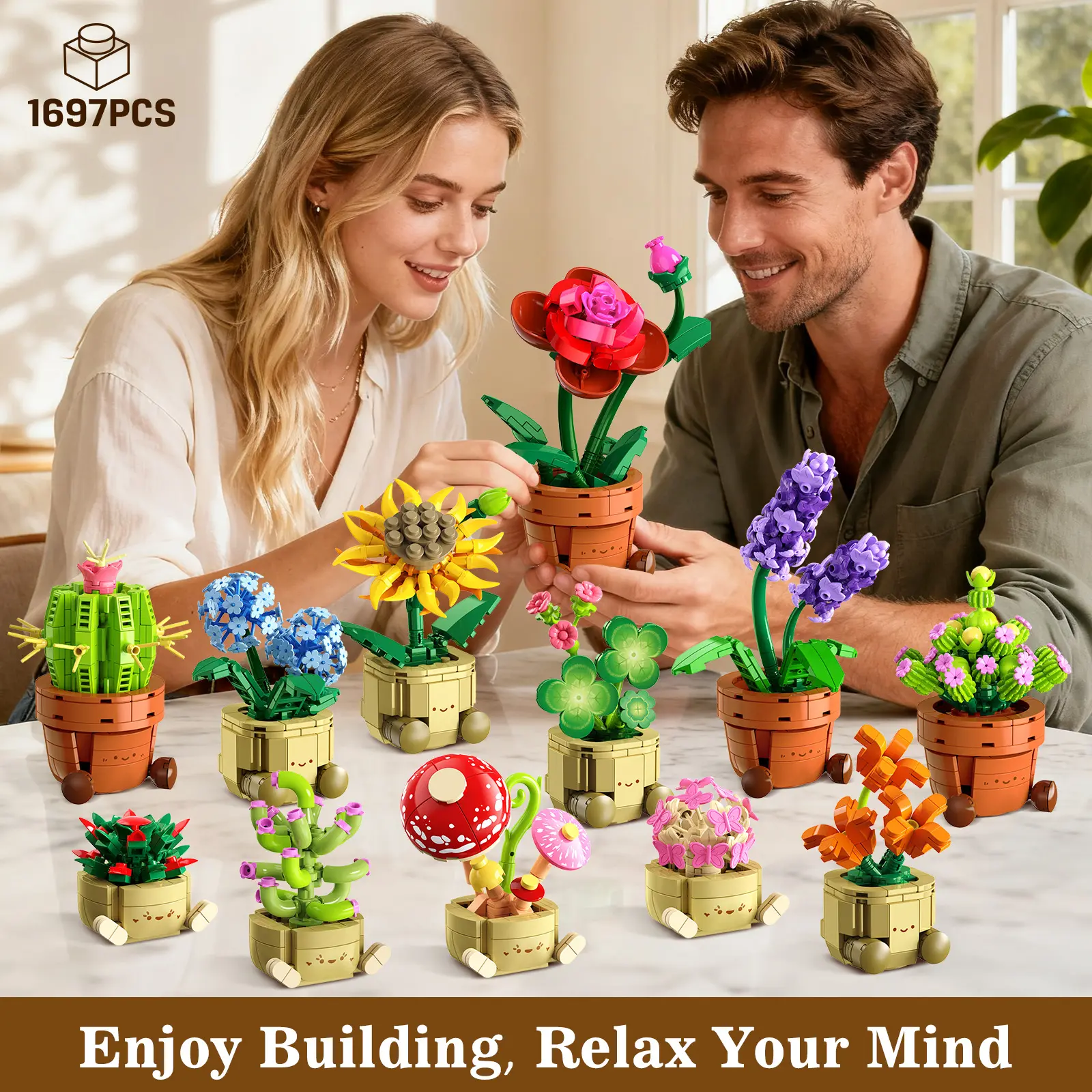 12 Pack Flowers Plants Mini Building Set - 1697PCS Flower