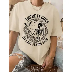 "There It Goes, My Last Flying" Slogan Print Round Neck Casual Tee, Skull & Letter Print Round Neck Streetwear Tee,, Ladies Summer Outfit, Womenswear