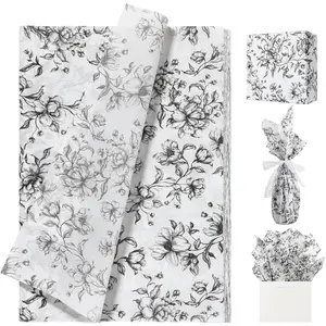 120 Sheets Black Floral Tissue Paper,  Black Bloom  Wrapping Paper for Wedding, DIY Craft Tissue for Birthday Party Decoration Packaging, 20 x 14 Inch