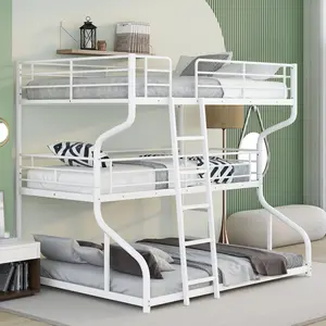 queen sized bunk beds Full XL over Twin XL over Queen Size Triple Bunk Bed with Long and Short Ladder,White
