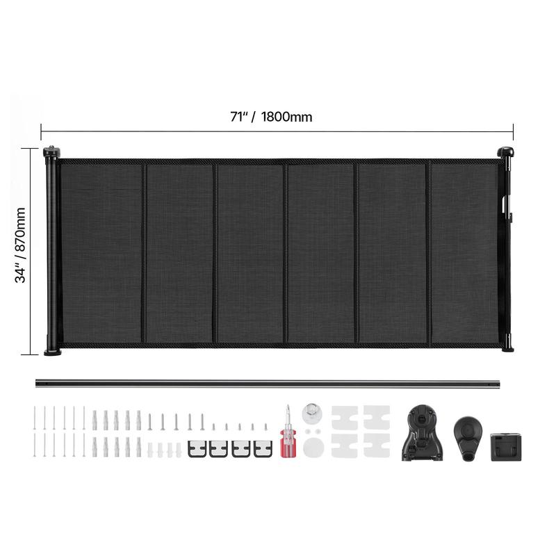 VEVOR Retractable Baby Gate, 34 inch Tall, Extends up to 71 inch Wide, Retractable Gate for Kids or Pets, Mesh Material, Easy to Install for Indoor Stairs, Doorways, Hallways, Playrooms, Black