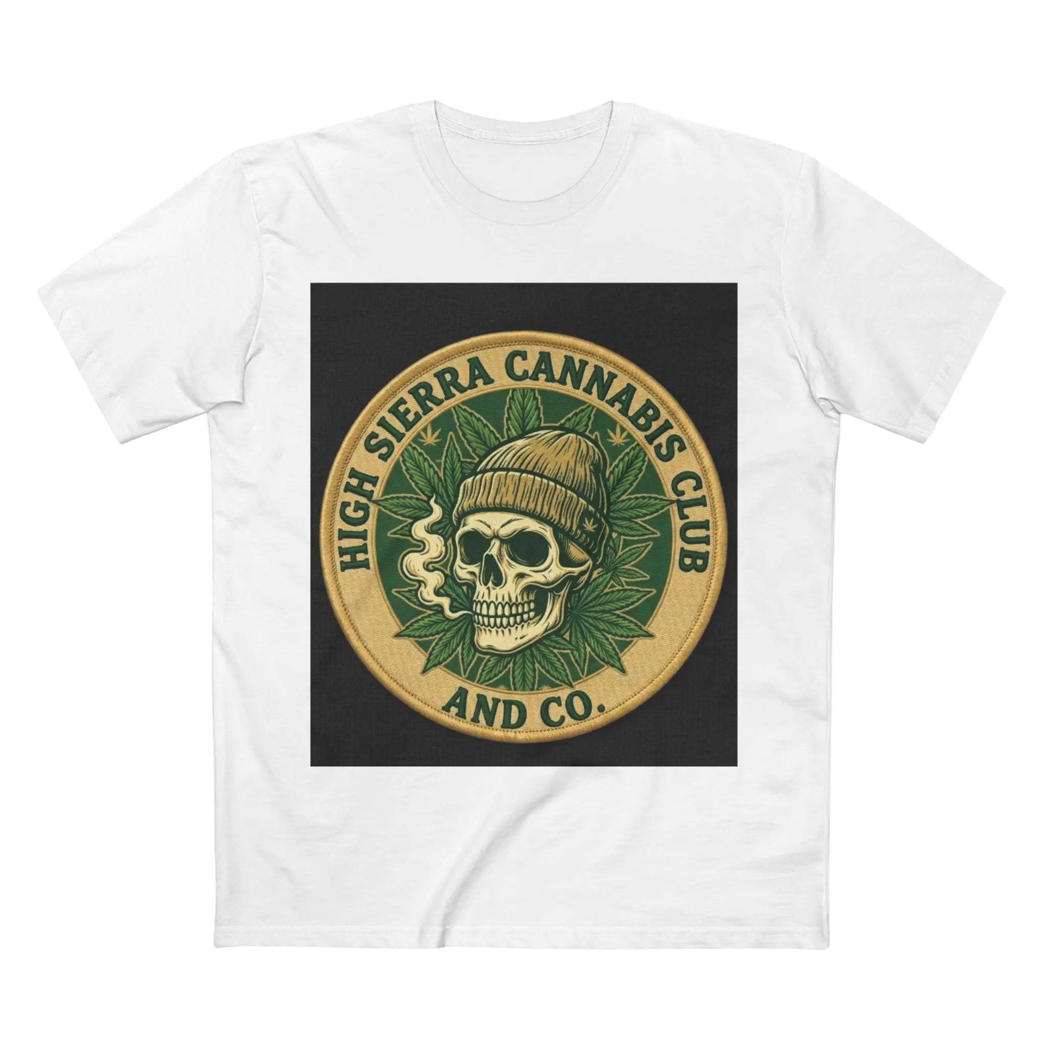 High Sierra Cannabis Club Skull beanie tee | Marijuana Leaf Logo T-Shirt