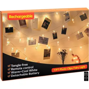 17FT 100LEDs Rechargeable Photo Clips String Light,Remote Control,3 Off Timer,-Free,Detachable  Operated Fairy Lights,Dorm Room Essential for Girl,Christmas(Cool+Warm White,1Pack)