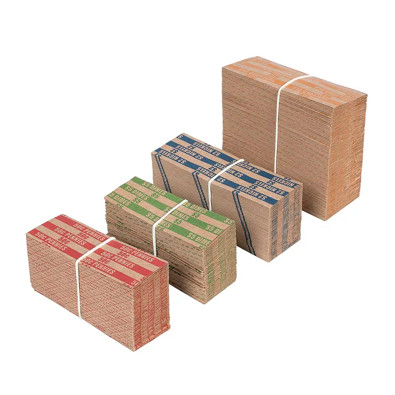ABA Standards Classified Color Coded Different Color Designed Kraft Paper Coin Wrappers, 500 Assorted Flat Stripped Rolls - 200 Quarter, 100 Penny/Nickel/Dime Rolls, Convenient Squeeze-Open Money Envelopes for Home Supplies