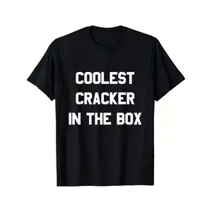 Men's Black Graphic T-Shirt - Bold "Coolest Cracker In The Box" Print Crew Neck Tee, Classic Loose Fit Cotton Shirt for Everyday & Formal Wear, Machine Washable All-Season Top
