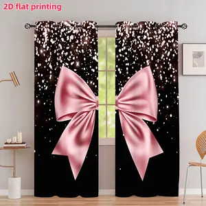 2D Flat 2Pcs Sparkling Pink Bow Printed Curtains, Glitter Black Background Panel, Grommet Top Design, Semi Sunshade, Elegant Home Decor, Home Decoration Curtain for Living Room Bedroom Kitchen Study, Window Accessory, Anti Privacy