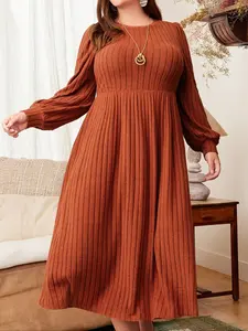 【Plus Size】 Solid Color Bishop Sleeve A Line Dress, Elegant Long Sleeve Round Neck Ribbed Dress for Fall & Winter, Women's Clothes for Daily Vacation Party