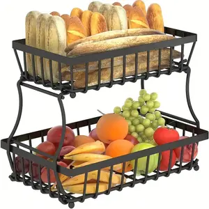 1pc 2 Layers Fruit Basket For Kitchen Countertop, Vegetable Bread Basket, Fruit Tray Storage Rack, Removable Metal Rectangular Wire Basket