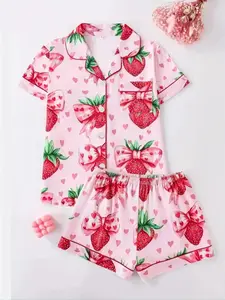 Women's Two-Piece Pajama Set, Loungewear, Casual Comfortable Fitted Short Sleeve Shirt & Elastic Waist Shorts, All-Over Strawberry Print Sleepwear