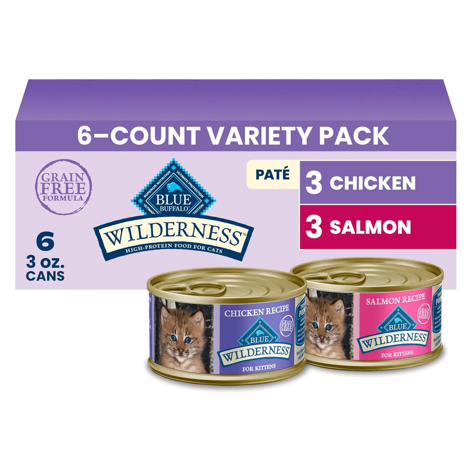 Blue Buffalo Wilderness Variety Pack Kitten Paté Wet Cat Food, 3 oz, 6 ct High Protein, Chicken & Salmon Recipes (3 of Each), Grain-Free Recipe, DHA for Cognitive Development