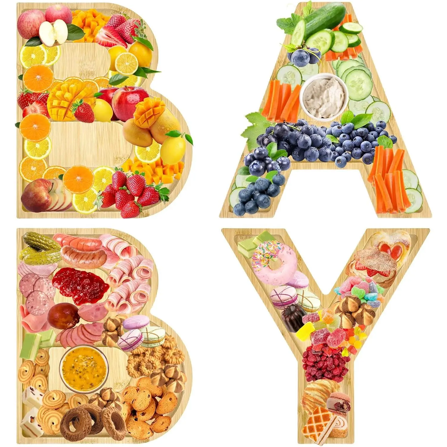 Bamboo BABY Charcuterie Board, 11.6" Large Letters Shaped Serving Tray, 4 Pcs Fillable Food Trays, Snack Candy Food Fruit Platter for Baby Shower Birthday Gender Reveal Party