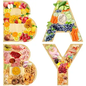 Bamboo BABY Charcuterie Board, 11.6" Large Letters Shaped Serving Tray, 4 Pcs Fillable Food Trays, Snack Candy Food Fruit Platter for Baby Shower Birthday Gender Reveal Party