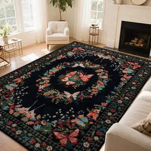 Vintage Butterfly & Floral Flannel Area Rug - Boho Black Background Colorful Flower Print Soft Mat for Bedroom & Living Room, Non-Slip Retro Home Decor #VintageButterflyRug #BohoFloralMat #RetroBedroomDecor #ColorfulFlowerCarpet #NonSlipFlannelRug