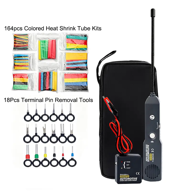 Em415Pro Automotive Wire Tracer Circuit Breaker Finder Kits, 6-42V Short Circuit Finder Electrical Tester, Cable Tracker Voltage Detector with 18pcs Terminal Pin Removal Tools And 164pcs Heat Shrink Tube for Car And Low Voltage DC Diagnostics Repair