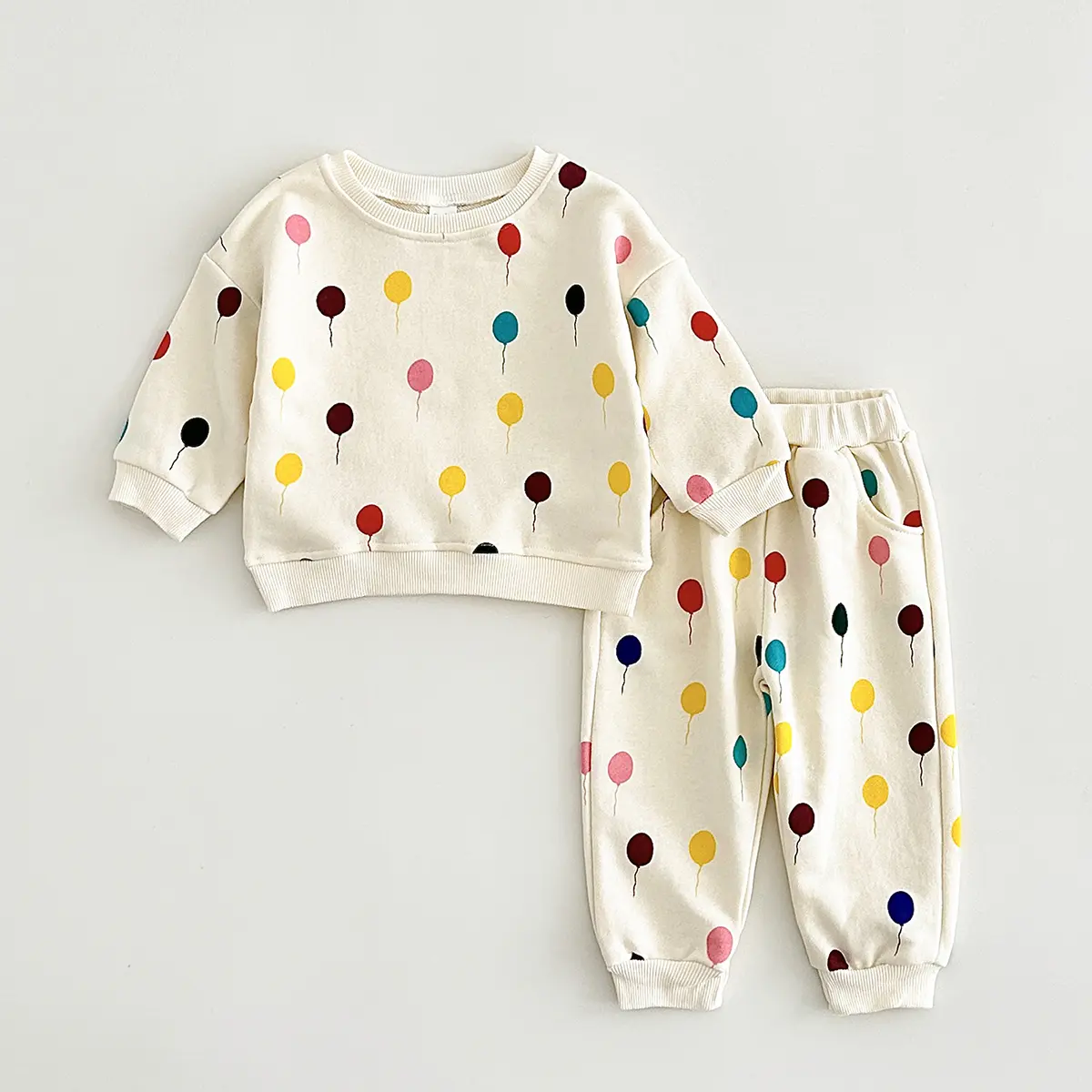 Two-piece spring and autumn baby clothing colorful balloon printed sweater + comfortable loose trousers warm apricot baby suit