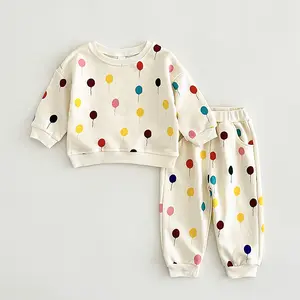 Two-piece spring and autumn baby clothing colorful balloon printed sweater + comfortable loose trousers warm apricot baby suit