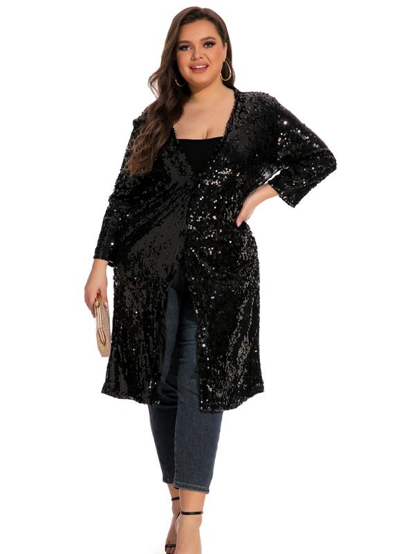 610 - Long Sleeves Full Sequins Open Front Duster Cardigan Cover-up Jacket Coat Womenswear Day Black