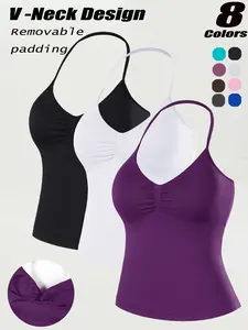 Women Seamless Sports Vest, Soft Padded Vest, With Neck Hanging Detachable Chest Cushion Yoga Bra V-Neck Cool Back Gathering Chest Can Be Worn Externally With Nylon Fabric Sports Leisure Fitness Top